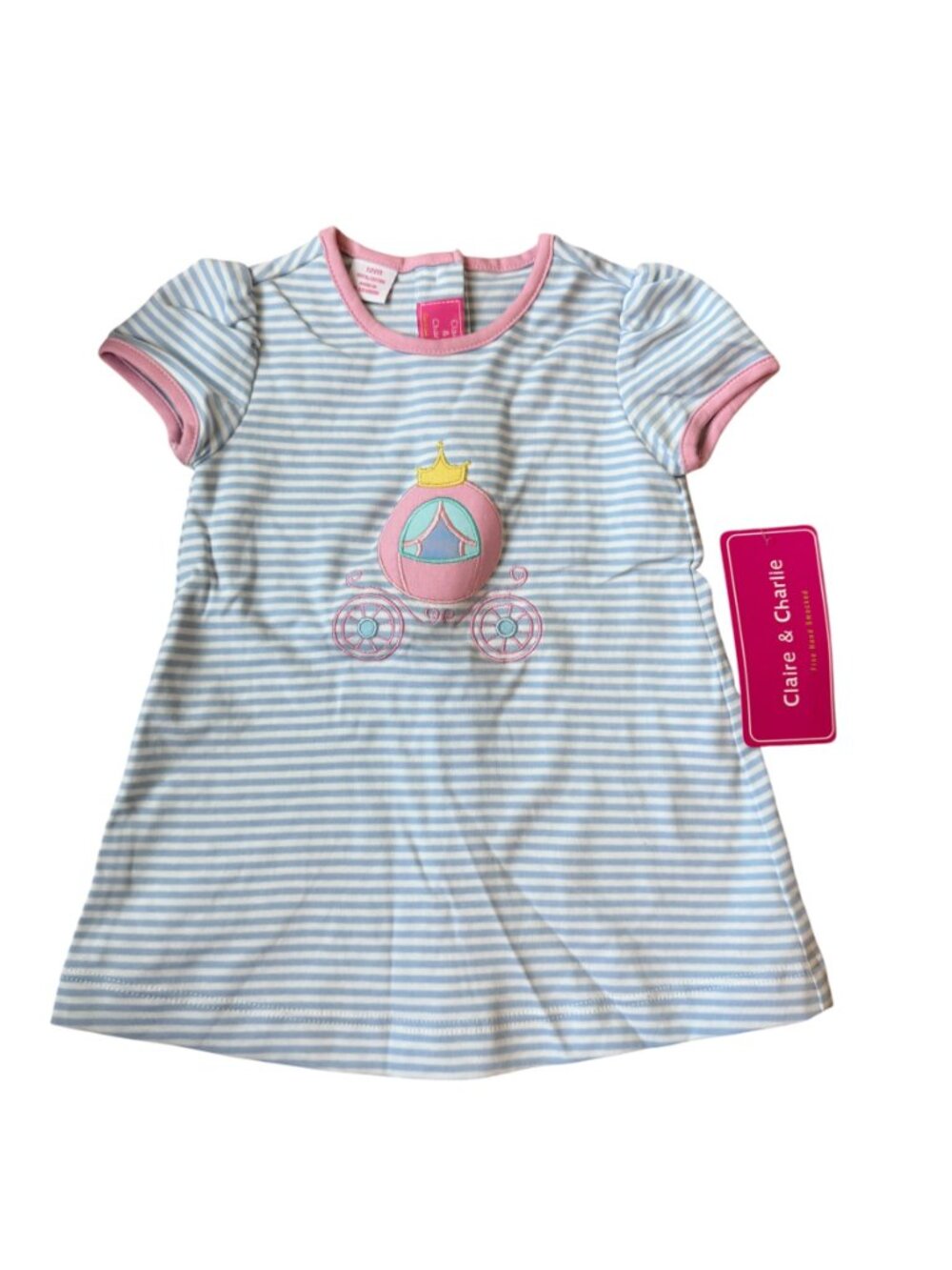 NWT Claire & Charlie Dress 12M Blue Stripe Princess Carriage Applique $62